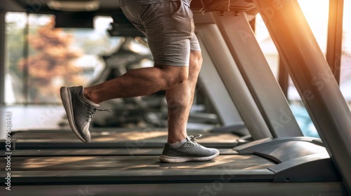 Man running on treadmill in modern gym, fitness exercise concept showing healthy lifestyle, cardio training, endurance workout and active sports routine with indoor athletic environment