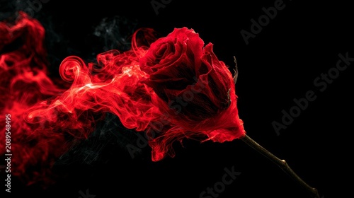 Red rose wrapped in swirling smoke on black background, dramatic floral concept showing beauty, mystery, elegance and artistic atmosphere with vibrant color contrast and creative design