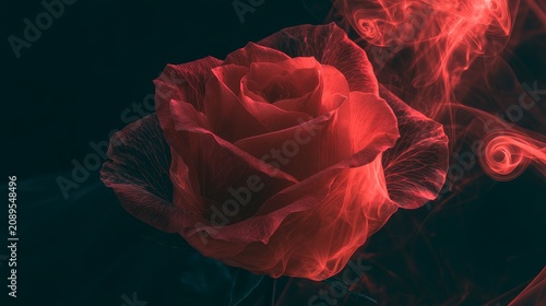 Red rose wrapped in swirling smoke on black background, dramatic floral concept showing beauty, mystery, elegance and artistic atmosphere with vibrant color contrast and creative design