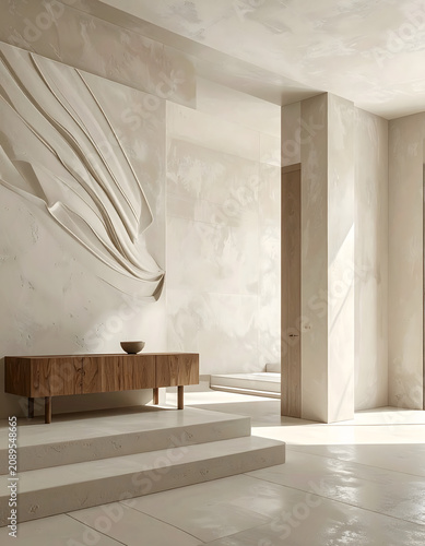 Sensory Plaster Minimalism: Serene calm plaster minimalism interior featuring sculptural wall design with wooden bench under soft natural light creating peaceful atmosphere