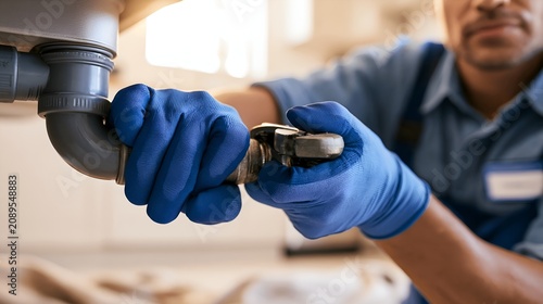 Plumber repairs plumbing fixture.