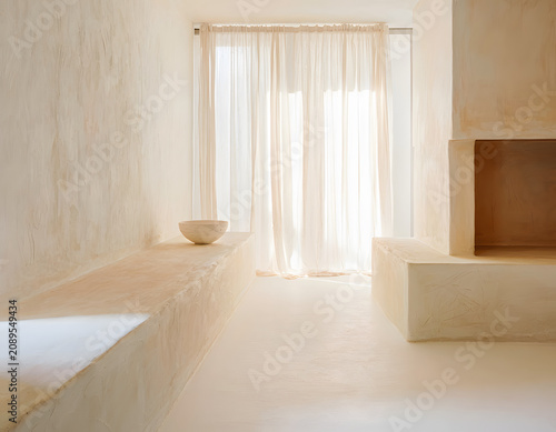 Sensory Plaster Minimalism: Serene minimalist interior room with textured plaster wall detail beige stone floor soft light curtain evoking calm peaceful rustic mood