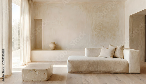 Sensory Plaster Minimalism: Serene minimalist living room space features cozy handcrafted plaster wall texture, comfortable white sofa, wooden floor and simple stone table