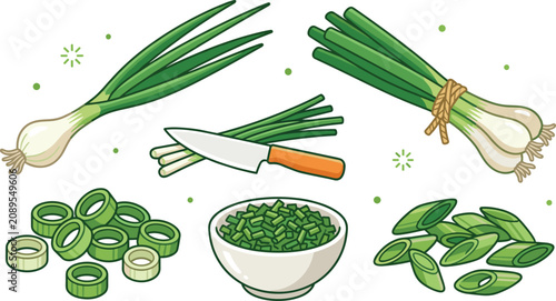 Quadro su tela Fresh green onion collection featuring scallions, chopped spring onions, sliced