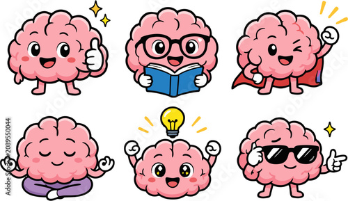 Quadro su tela Cute brain cartoon character set vector illustration