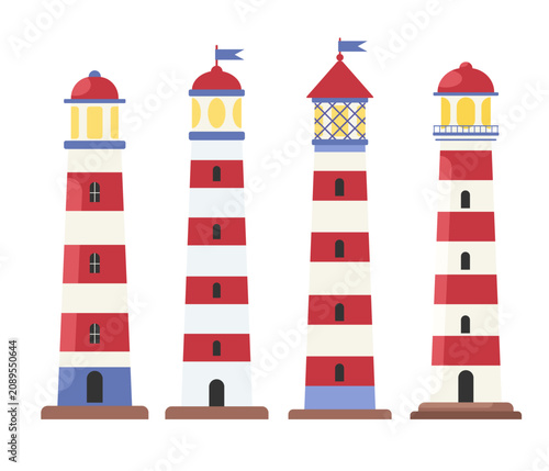 A set of lighthouse elements in a flat style.