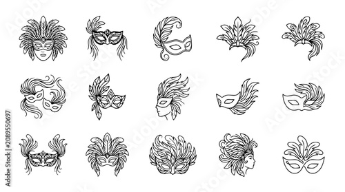 Foto Collection of Venetian Masquerade Masks with Feathers - Hand-Drawn Style