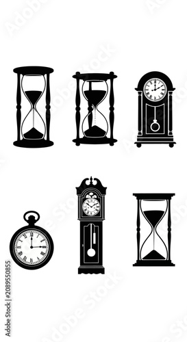 Vintage clock and hourglass vector set, antique timekeeping instruments collection, black silhouette sandglass and pendulum clocks