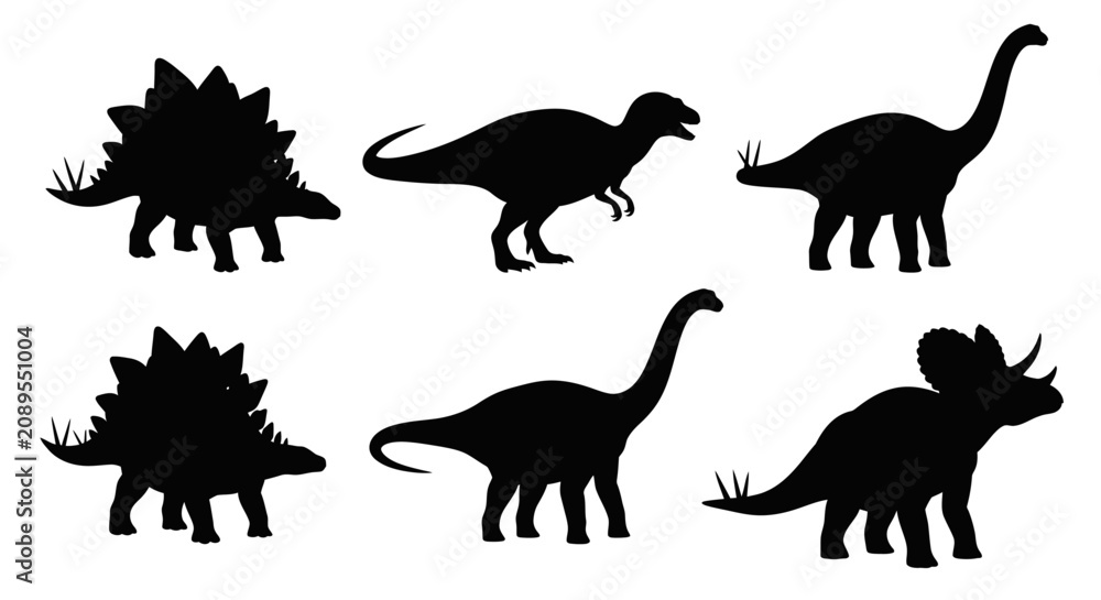 Obraz premium Dinosaur silhouette collection, prehistoric animal vector set with 6 elements, black jurassic creature icons for educational graphics and logos