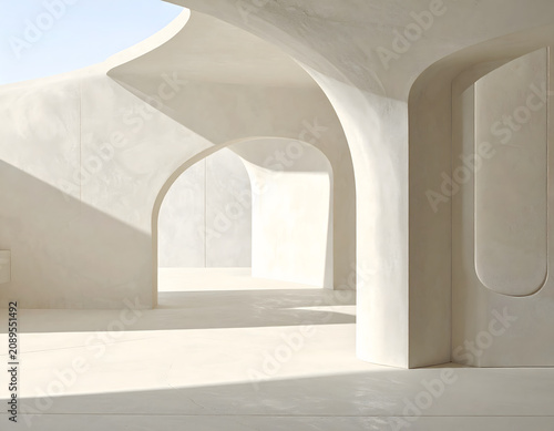 Sensory Plaster Minimalism: Serene abstract composition showcasing smooth plaster arch detail with sensory minimalism under sunlight creating calm mood