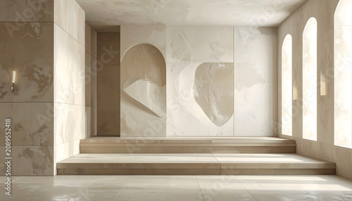 Sensory Plaster Minimalism: Serene minimalist interior room features sculptural sensory plaster wall with elegant arch and step design in neutral beige texture