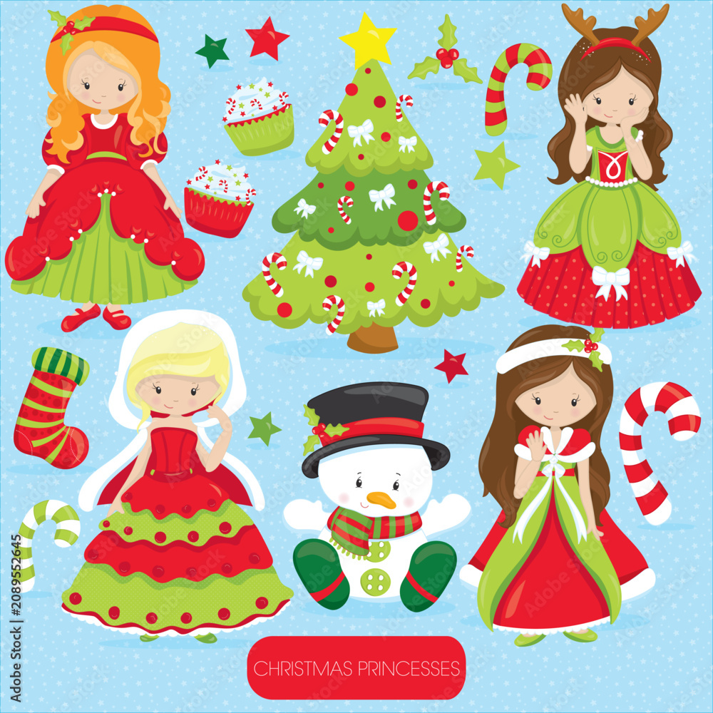 Fototapeta premium Christmas princesses with red and green dresses, a christmas tree and other decorations
