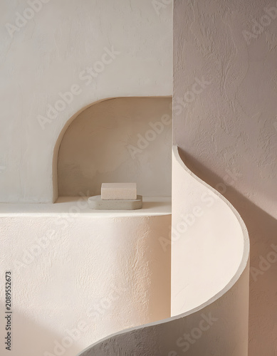 Sensory Plaster Minimalism: Serene plaster minimalism abstract architectural composition showcases smooth curve detail, bringing calm feeling to neutral beige wall
