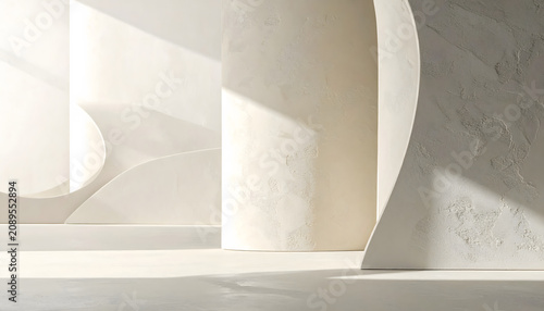 Sensory Plaster Minimalism: Serene abstract architectural composition showcases smooth plaster wall and minimalism, presenting beautiful clean geometric shadow