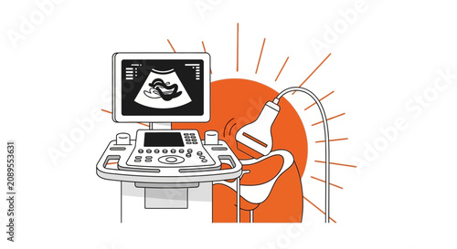 Illustration Of A Medical Ultrasound Diagnostic Monitor And Probe in Simplified Style