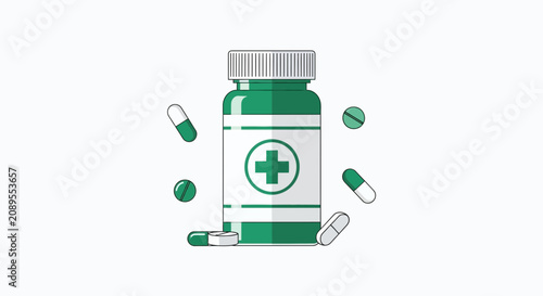 Illustration Of A Medicine Bottle And Pills Designed With A Clear Modern Aesthetic
