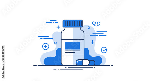 Illustration Of A Medicine Bottle And Pills: Health, Healthcare, And Medical Concept
