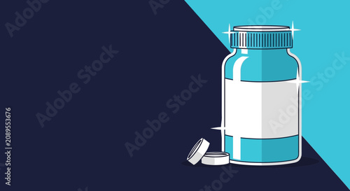 Illustration Of A Medicine Bottle And Pills With Blue And Teal Color Scheme Concept