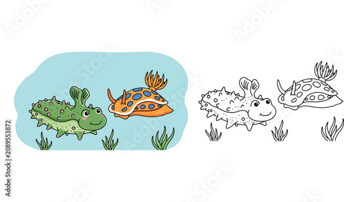 Foto Cute Cartoon Sea Slug and Nudibranch Underwater - Adorable Marine Friends