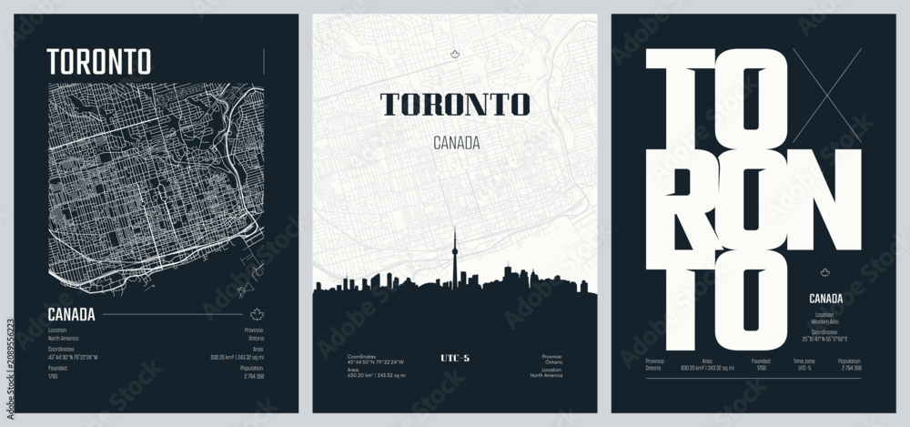 Obraz premium Set of travel posters with Toronto is the capital city of the Canadian province of Ontario, detailed urban street plan city map, Silhouette city skyline, vector artwork, set 2