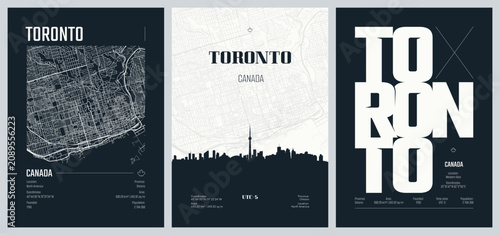 Set of travel posters with Toronto is the capital city of the Canadian province of Ontario, detailed urban street plan city map, Silhouette city skyline, vector artwork, set 2