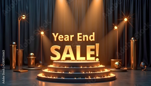 Artwork showing Year End SALE! text in glittering golden letters illuminated by spotlights with red curtains and circular platform surrounded by lights