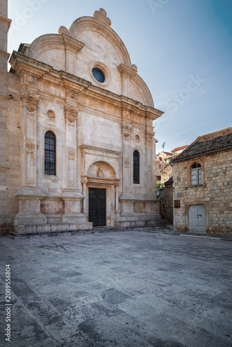 Facade and entrance portal of Saint Stephen cathedral in Hvar, Croatia