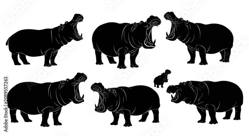 Hippopotamus silhouette vector set, black hippo animal silhouettes with open mouths, wild african wildlife icons for nature design projects
