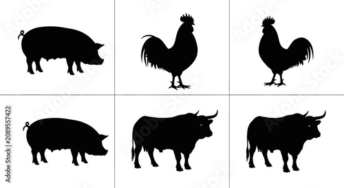 Farm animal silhouettes set, black livestock icons of pig, rooster, and bull. Domesticated farm animals collection, rustic cattle and poultry vector graphics.