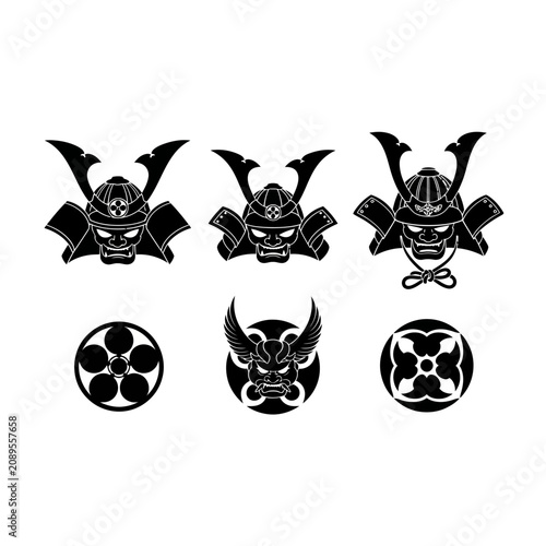 Japanese Samurai Helmet and Mon Crest Vector Set, Traditional Kabuto Warrior Masks, Black and White Bushido Symbols for Logo Design