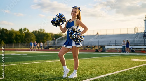 A cheerleader stands on the football field holding pom-poms. She smiles brightly as the sun sets behind her. The bleachers are filled with people watching the game