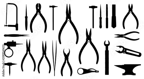 Industrial hand tools silhouettes collection, professional jewelry making and metalworking equipment icons, black hardware tool set vector