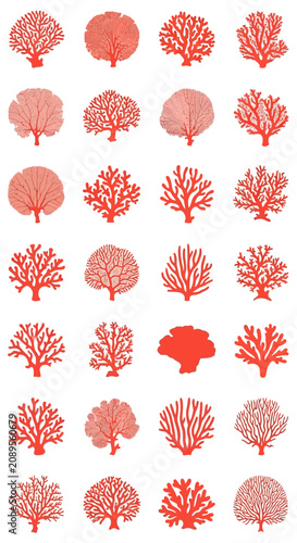 Red coral silhouettes and sea fan icons set, 28 organic underwater plant vector elements, nautical marine life illustrations for coastal decor
