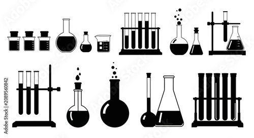 Laboratory glassware icon set, black chemical test tubes and flasks vector, scientific research equipment collection for chemistry and biology