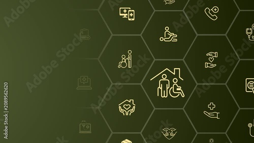Elderly care concept on the colorful background. Surrounded by medical, rehabilitation service, nursing care for enhancing quality of life in elder age. Motion graphics of care idea. 4k video. 