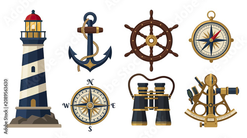 Nautical Symbols Collection: Lighthouse, Anchor, Ship Wheel, Compass, Binoculars, Sextant