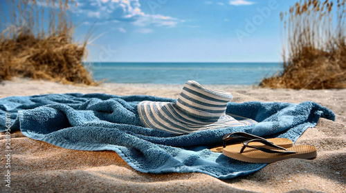 Beach Towel and Sun Hat on Sandy Shore Near the Ocean