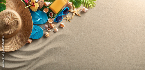 Summer Beach Accessories Flat Lay on Sand with Copy Space