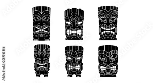Tiki mask vector set, traditional Polynesian tribal totem icons, black and white Hawaiian luau party elements, 6 carved wooden statue illustrations