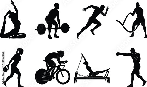 Foto Fitness and Athletic Sports Silhouette Icon Set with Weightlifting Sprinting Cyc