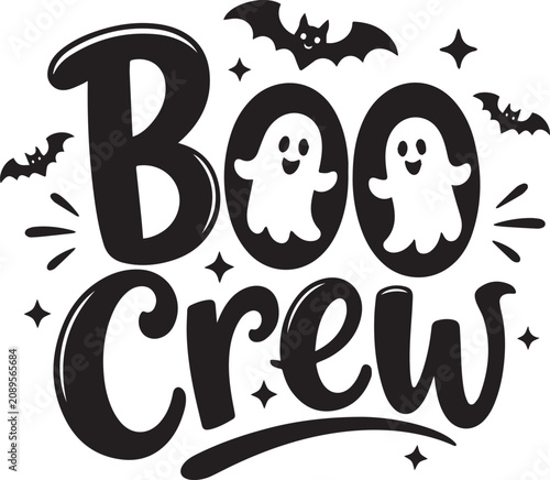 Boo Crew Halloween SVG Cut File, Cute Ghost and Bats Typography Design for T-Shirt