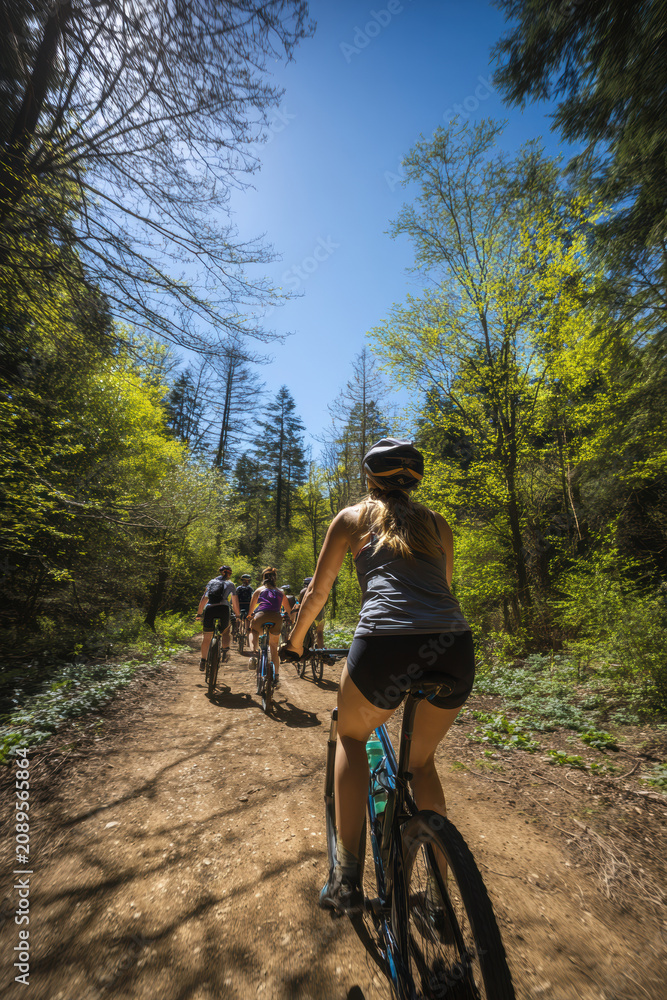 Fototapeta premium Cardio sports cycling biking exercise training, healthy lifestyle. A group of people riding bicycles down a dirt trail surrounded by trees and a clear blue sky. They are all wearing helmets.