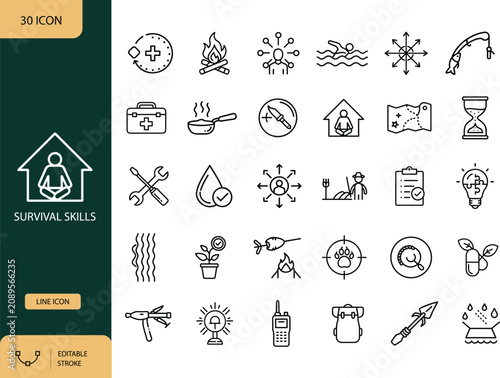 Survival Skills Line Icons Set, Wilderness Bushcraft and Emergency Preparedness Outline Symbols. Vector Illustration. Editable Stroke