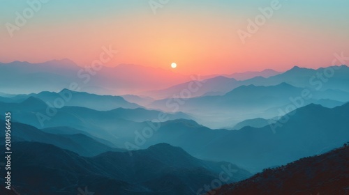 Sunrise over mountains with clear sky, symbolic clean breath theme
