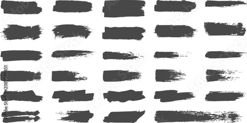 Black Brush Mark Collection. Distressed paint swipes and textured artistic stroke elements. Professional grunge design resources for modern creative projects.