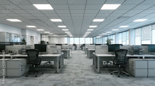 Modern open-plan office interior with cubicle workstations. A professional corporate workspace for business operations.