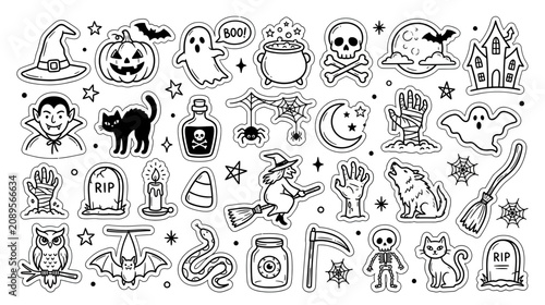 Photos Halloween Stickers Collection: Spooky Icons, Ghosts, Witch, Vampire, Wolf, Pumpk