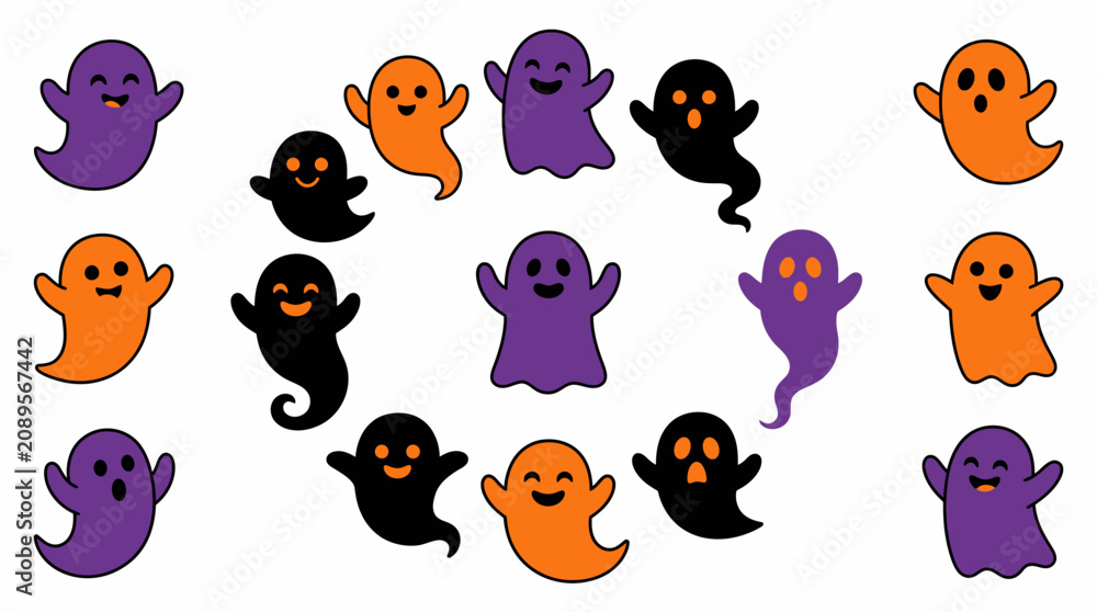 Naklejka premium Colorful cartoon ghosts with happy expressions