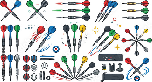 Foto Colorful dart game equipment collection with flying darts targets accessories an