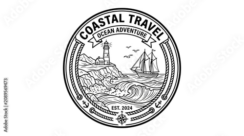 Bild auf Leinwand Coastal Travel Ocean Adventure Emblem with Lighthouse and Sailboat